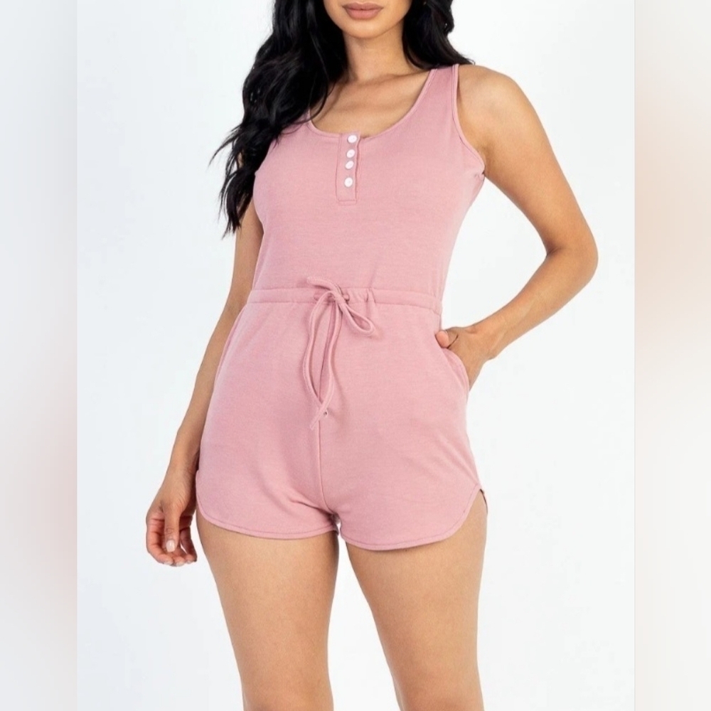Capella Sleeveless Pink Drawstring Waist Button Tank Romper Small - New With Tag - Picture 2 of 6